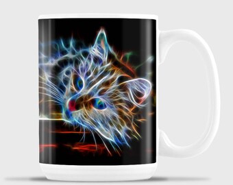 May include: A white ceramic mug with a black background and a colorful image of a cat's face. The cat's fur is depicted with a swirling, electric pattern in shades of blue, orange, and yellow.
