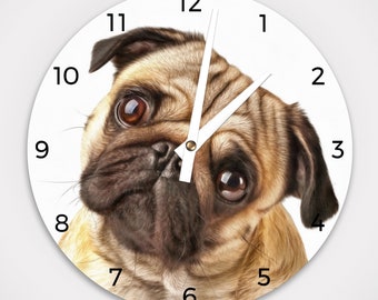 Pug Aluminum Round Wall Clock 8.125", or Hardboard Round Wall Clock 11.4"- Battery Operated - With works - No Frame.