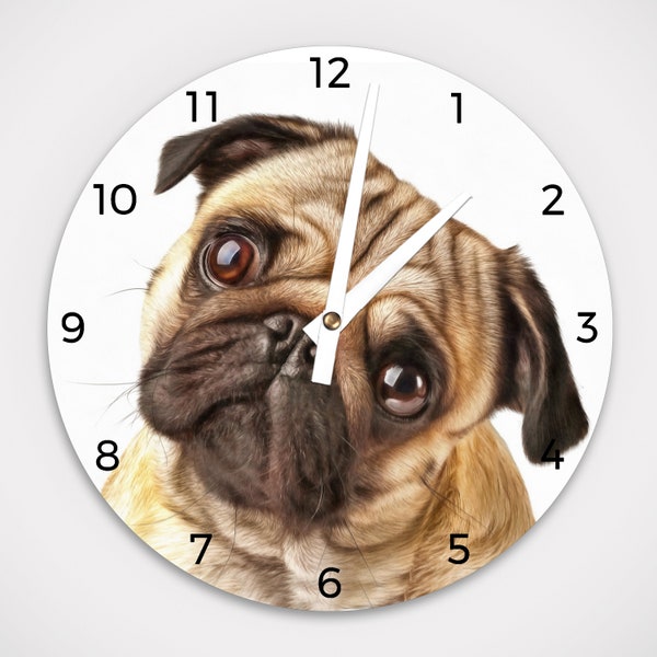 Pug Aluminum Round Wall Clock 8.125", or Hardboard Round Wall Clock 11.4"- Battery Operated - With works - No Frame.