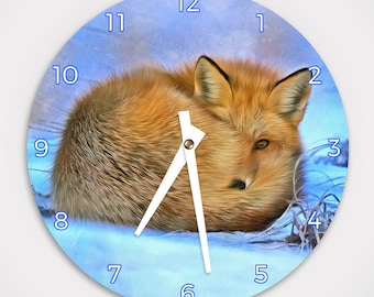 Fox in Snow Aluminum Round Wall Clock 8.125", or Hardboard Round Wall Clock 11.4"- Battery Operated - With works - No Frame.