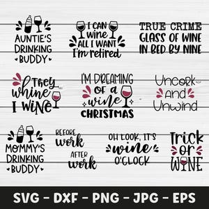Lot vin SVG, fichiers de découpe vectoriels, clipart mignon, détendez-vous, heure du vin, retraite, citations drôles, dessins de jeux de mots, téléchargement numérique