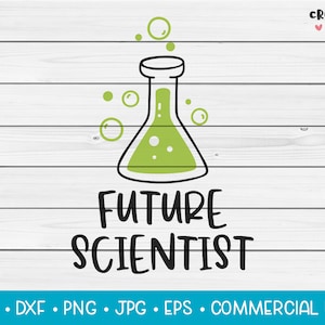 Peut inclure: Une illustration en noir et blanc d'un bécher avec du liquide vert et des bulles, avec le texte "FUTURE SCIENTIST" en dessous.