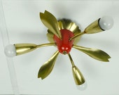 1950s mid century sputnik ceiling lamp 3 arms brass and red metal