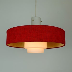 mid century modern PENDANT LAMP white glass shade red fabric 1960s