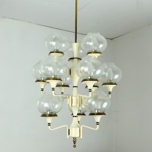 fantastic 1960s mid century CHANDELIER metal brass 12 crackle glass shades