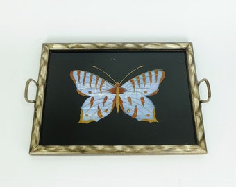 very beautiful art dèco TRAY around 1910 glass metal wood butterfly motif