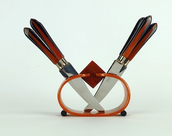 1930s art déco bakelite FRUIT KNIFE SET 6 solingen knives in holder amber black and brown