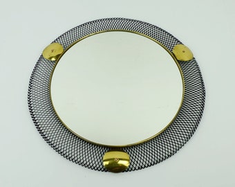 french 1950's mid century WALL MIRROR with wire mesh frame and brass