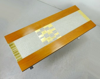 1960s COFFEETABLE walnut with gray and gold mosaic and chrome base