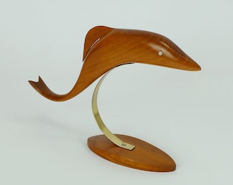 beautiful elegant mid century wood FIGURINE fish dolphin cherrywood brass 1950s deco