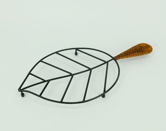 danish modern leaf-shaped COASTER metal and leather 1950s 60s