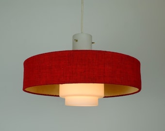 mid century modern PENDANT LAMP white glass shade red fabric 1960s