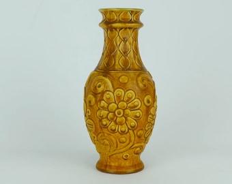 1960s bay keramik VASE relief flower decor in ochre model 86 25