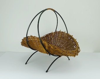 brown willow BASKET with black metal frame mid century 1950s fruit basket