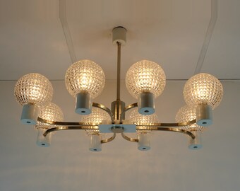 outstanding 1960s mid century HANGING LAMP chrome metal chandelier with 8 glass shades