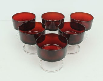 6 french vintage CHAMPAGNE glasses or dessert bowls luminarc france ruby red glass 70s 80s