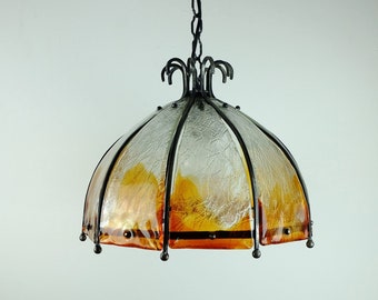 brutalist mid century PENDANT LAMP wrought iron and wonderful murano glass 60s 70s