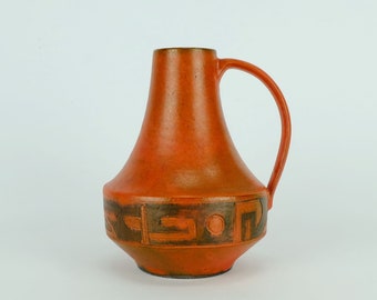 beautiful mid century ceramic VASE abstract decor orange and brown glaze unknown maker