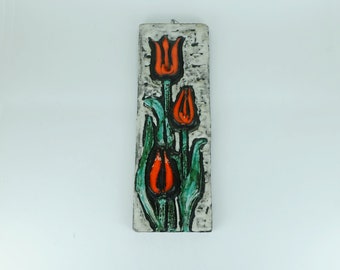 1970s ceramic WALL TILE panel tulip motif crusty glaze