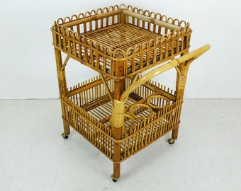 1960s mid century TROLLEY serving cart bamboo wicker tea cart