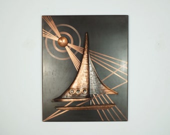 very decorative mid century COPPER PICTURE relief picture sailboat sun vintage decoration 1950s