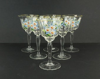 6 beautiful 1930s WINE GLASSES handpainted floral decor