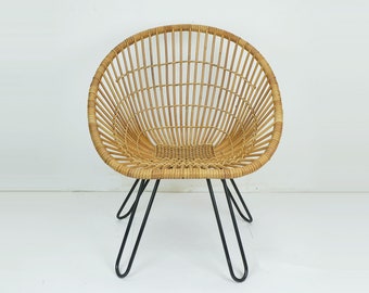 no. 3 of 3 - 1960s mid century ARMCHAIR bamboo wicker with hairpin legs