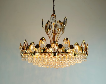 elegant mid century PENDANT LIGHT chandelier palwa crystal glass and gilt brass