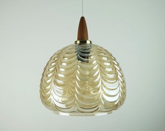 1960's mid century PENDANT LIGHT amber glass brass wood