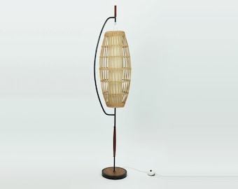 extraordinary and rare mid century FLOOR LAMP rattan weave teak black metal 1960s