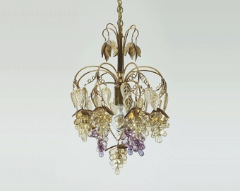 very rare palwa mid century CHANDELIER pendant light 1970s crystal glass and gilt brass grapes and leaves
