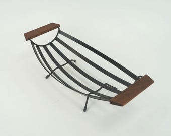 vintage 1950s FRUIT BASKET black metal and teak wood handles string bertoia era