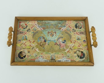 antique folk art TRAY around 1900 wooden frame collage of cigar bands and labels