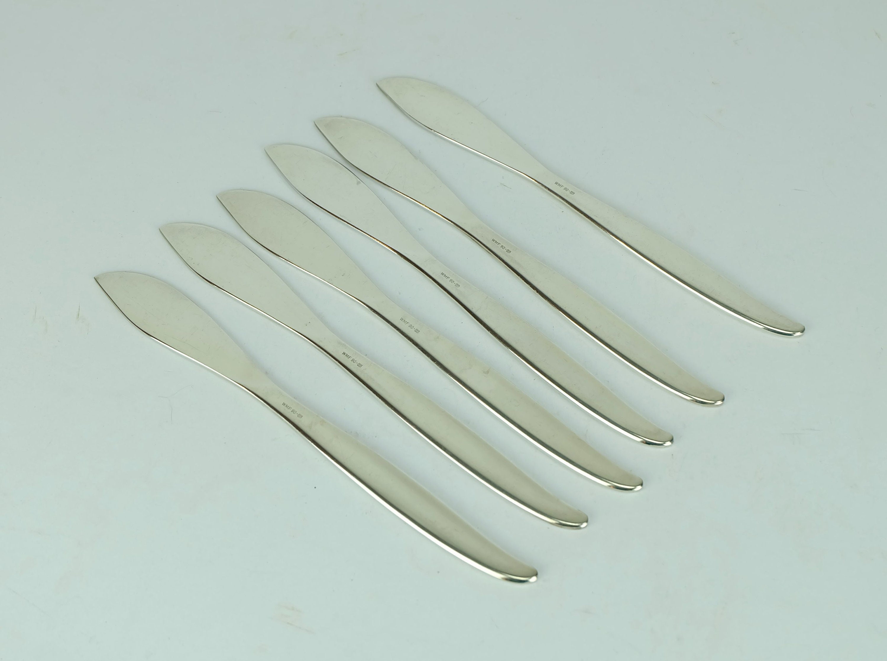 6 couteaux à poisson wmf stockholm poignée pistolet plaquée argent design kurt mayer 1955