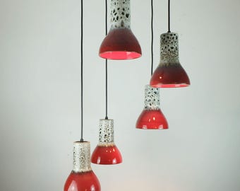 1970s mid century PENDANT LIGHT 5-light cascading lamp with fat lava ceramic shades