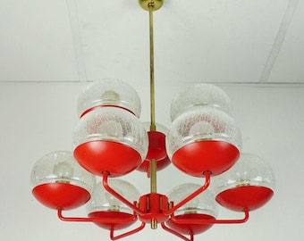 stunning 1960s 70s mid century modern CHANDELIER, red metal and brass, 9 crackle glass shades