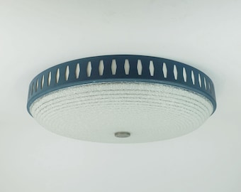 rare large mid century modern CEILING LIGHT by hillebrand 1960s flush mount textured glass blue metal frame