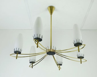 very beautiful 1950s mid century CEILING LIGHT hanging lamp brass metal 6 white glass shades stilnovo era