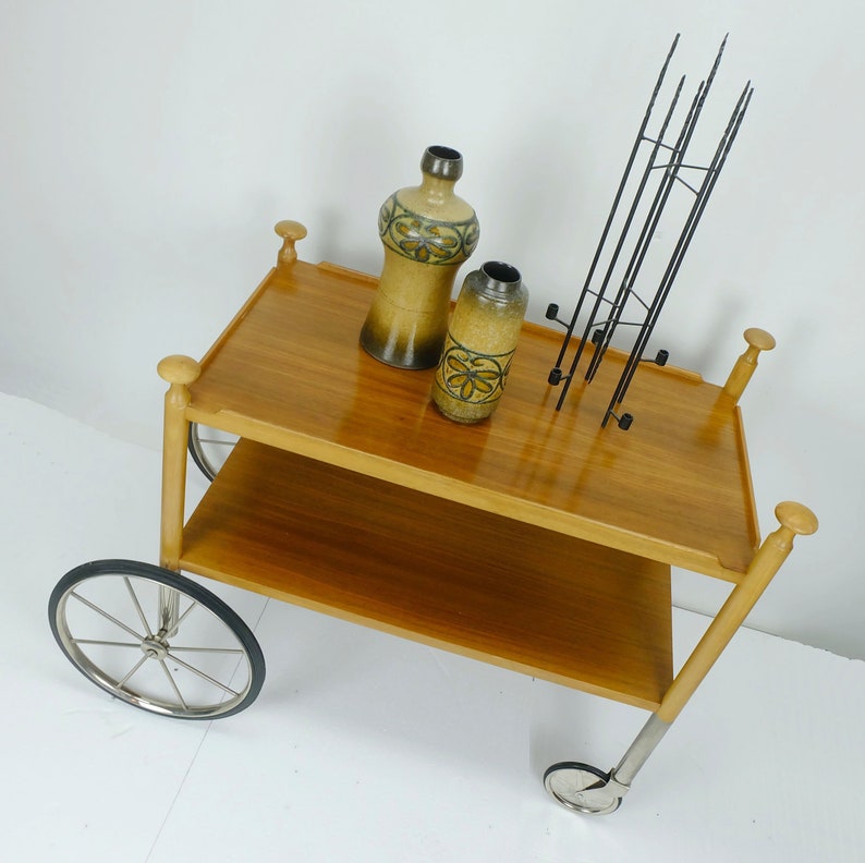 rare 1960s mid century TROLLEY serving cart wilhelm renz walnut metal image 3