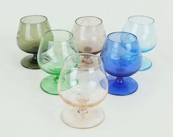 6 mid century LIQUEUR GLASSES 1950s 60s colored glass incised pattern
