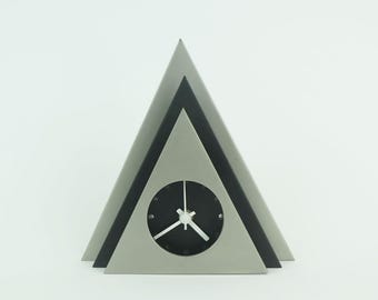 outstanding 1980s TABLE CLOCK black and silver gray metal postmodern style