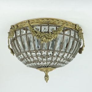glamorous large 1960s CEILING LAMP ceiling fixture glass crystals bronze hollywood regency style 1960s 70s