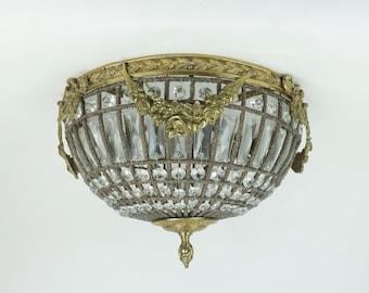 glamorous large 1960s CEILING LAMP ceiling fixture glass crystals bronze hollywood regency style 1960s 70s