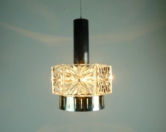 no. 1 of 2: elegant mid century PENDANT LIGHT crystal glass and metal 6 glass prisms 1960s