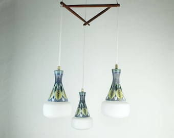 exceptionally beautiful danish modern PENDANT LIGHT teak opaline glass ceramic 3-light hanging lamp 50s 60s mid century modern lamp