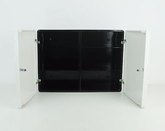 1960s mid century HANGING CABINET 2 door bathroom wall cabinet plastic bakelite medicine cabinet black and white plastic