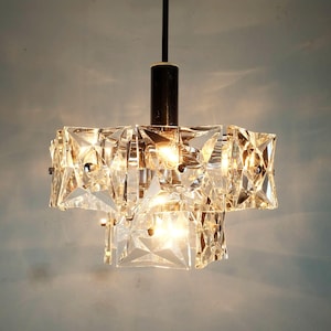 elegant 2-tier kinkeldey mid century PENDANT LIGHT crystal glass and chrome with 14 glass prisms 1960s chandelier