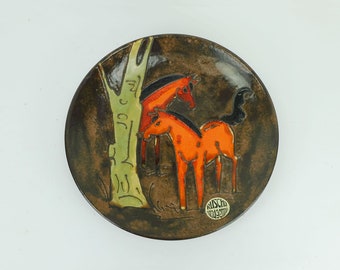 large vintage ruscha BOWL 70s wall plate decor red horses fat lava glaze