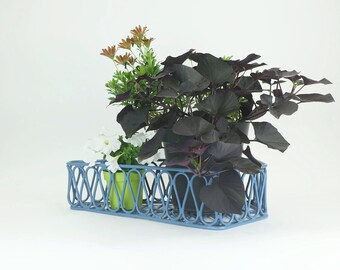 mid century BALCONY PLANT HOLDER painted blue iron asymmetrical shape vintage wall shelf plant display