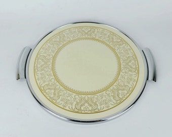 vintage 1960s ceramic CAKE PLATTER grünstadt cake plate chrome-plated rim and handles gold decor